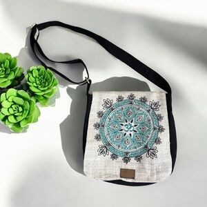 OM Mandala Hemp Blend Crossbody Bag Black and Teal NWOT Boutique Peace Yoga